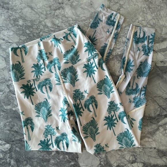 Beach Riot Pants - Beach Riot Palm Tree Print Mesh Leggings White Blue Small